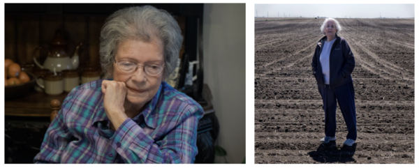 On the left, A woman with a blue flannel shirt sits at a table with her head resting on her hand. The woman on the right wheres a black jacket and pants and stands in the middle of a field.